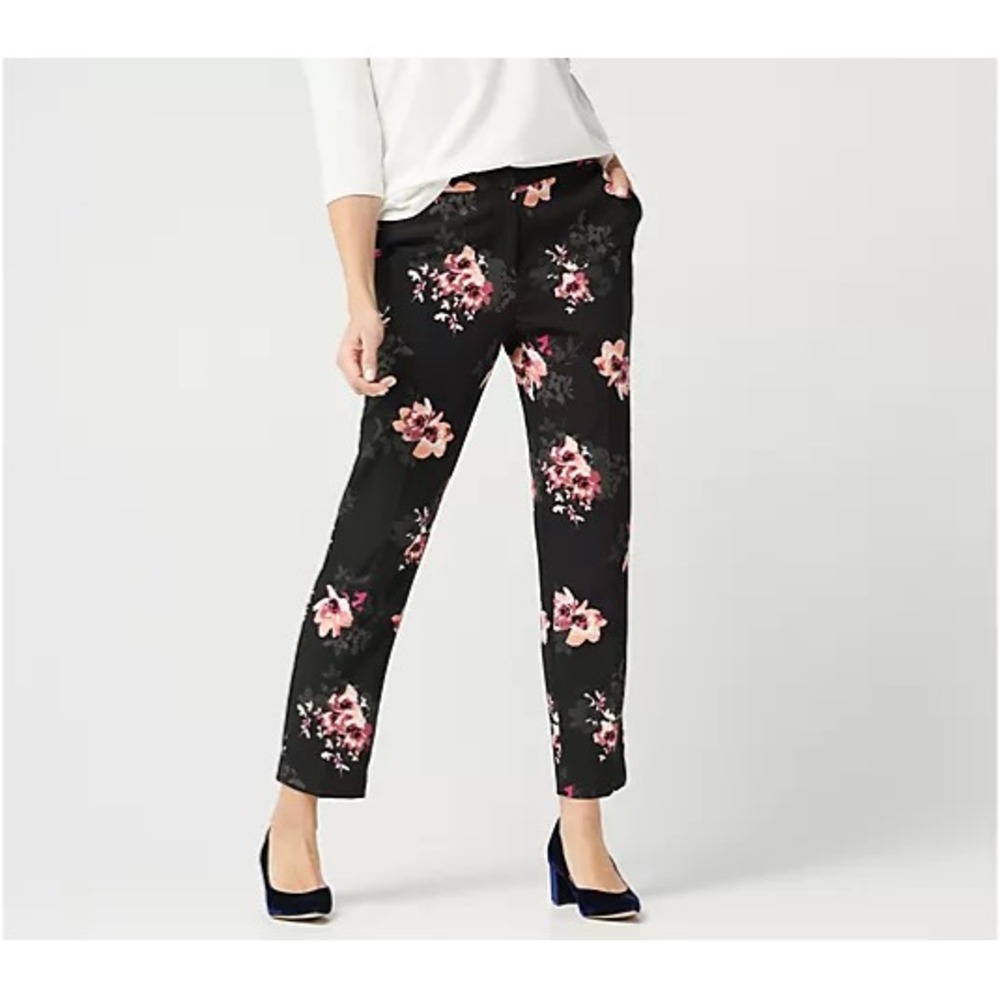 Susan Graver Stretch Woven Zip-Front Ankle Pants-Black/Pink size 2 A350177